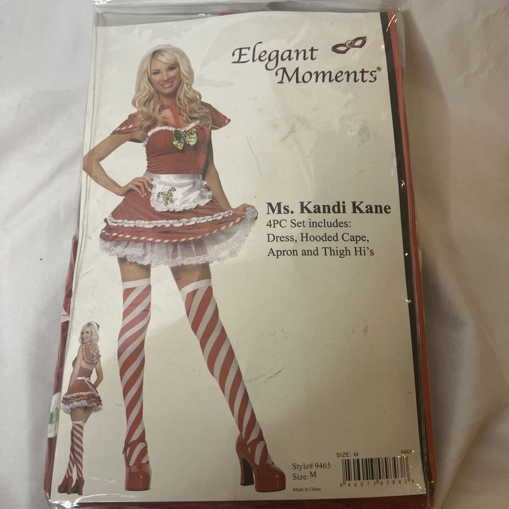Elegant Moments Ms. Kandi Kane 4 Pc Costume Set Sexy Adult M Red White Holiday